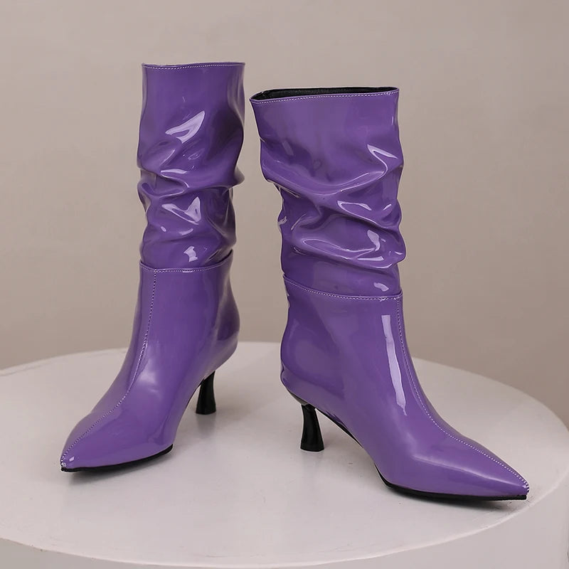 Patent Leather Pointed Toe Mid Calf Slouch Boots for Women
