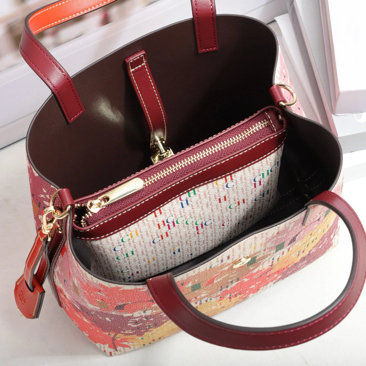 Printed Faux Leather Bucket Shoulder Bag
