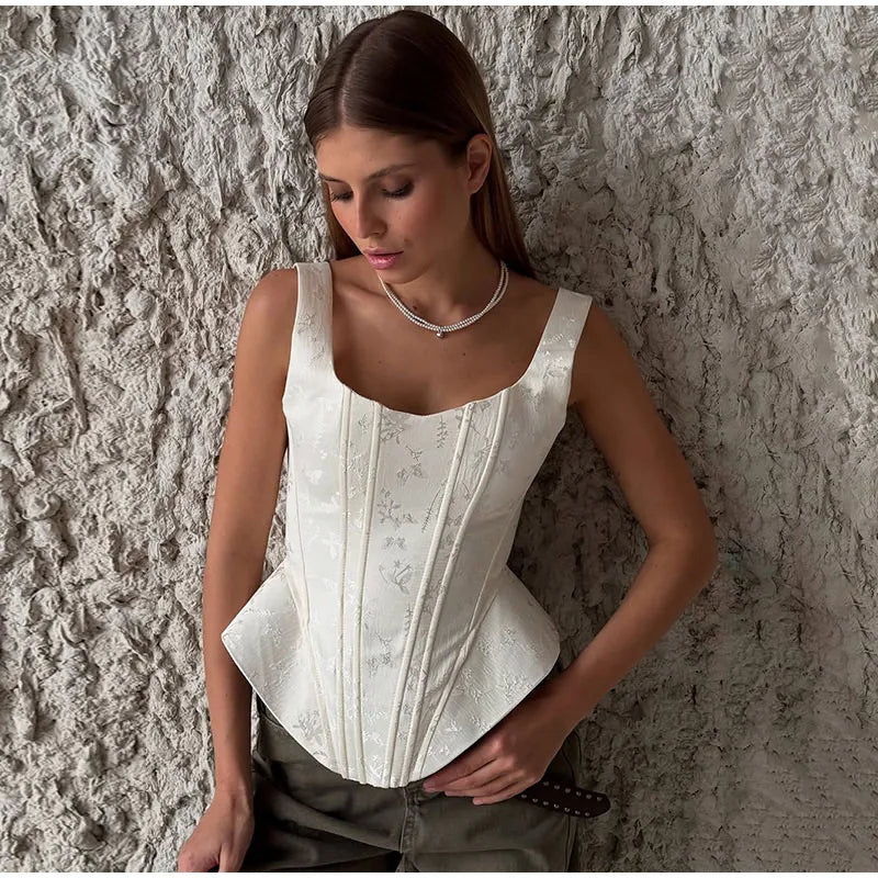 Waist Cinched Jacquard Fishbone Corset Top For Women