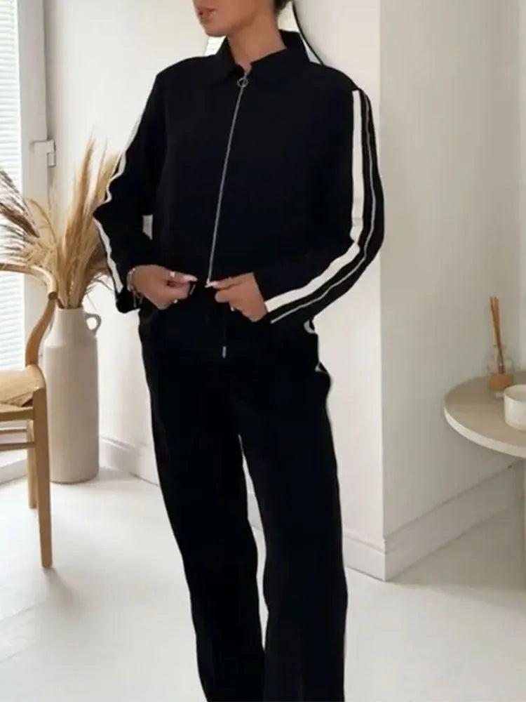 Lapel Long Sleeve Zipper Sports Jacket Two Piece Wide Leg Pants Set for Women