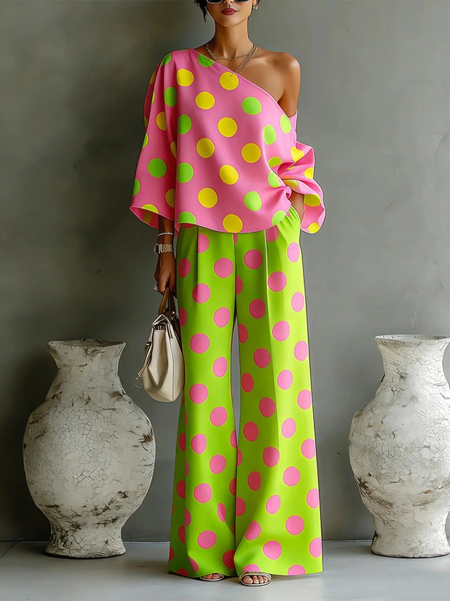 Slant Shoulder Open Back Casual Two Piece Set For Women