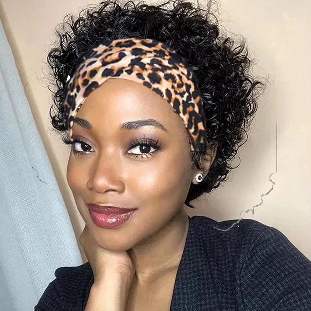 Short Curly Kinky Headband Human Hair Bob Wig for Women