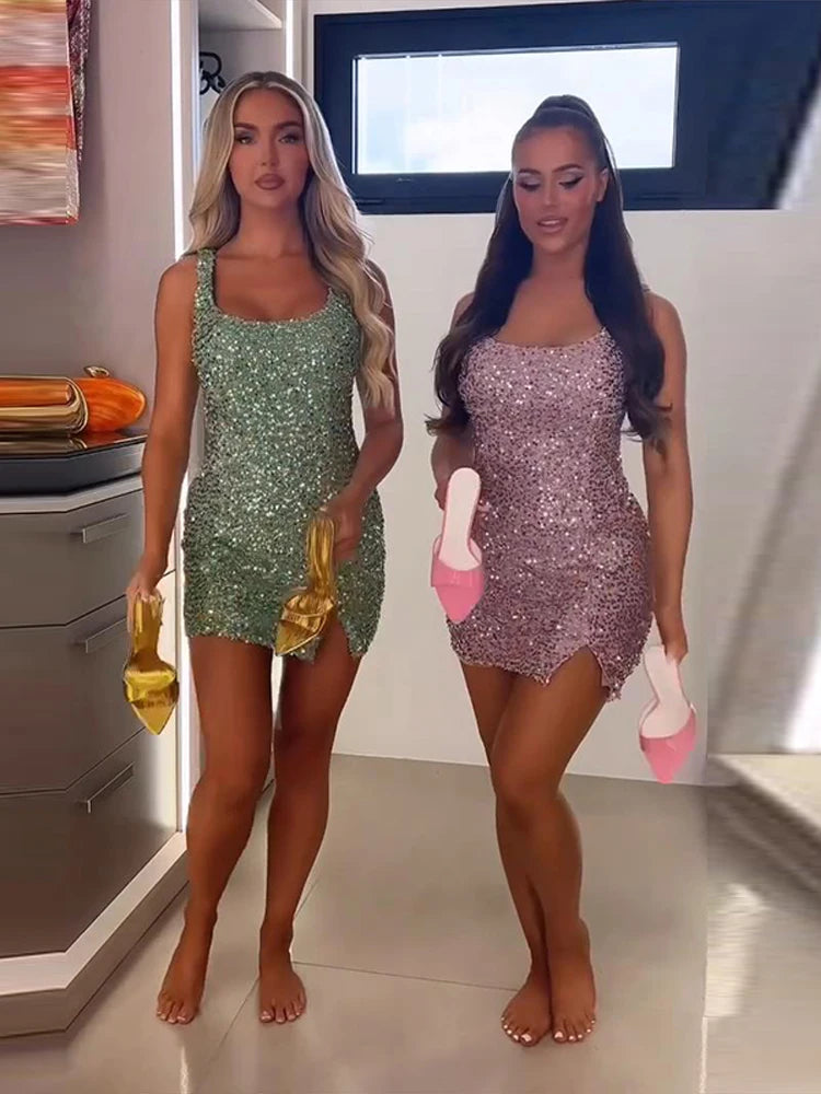 Sleeveless Sequin Mini Dress with High Slit for Women