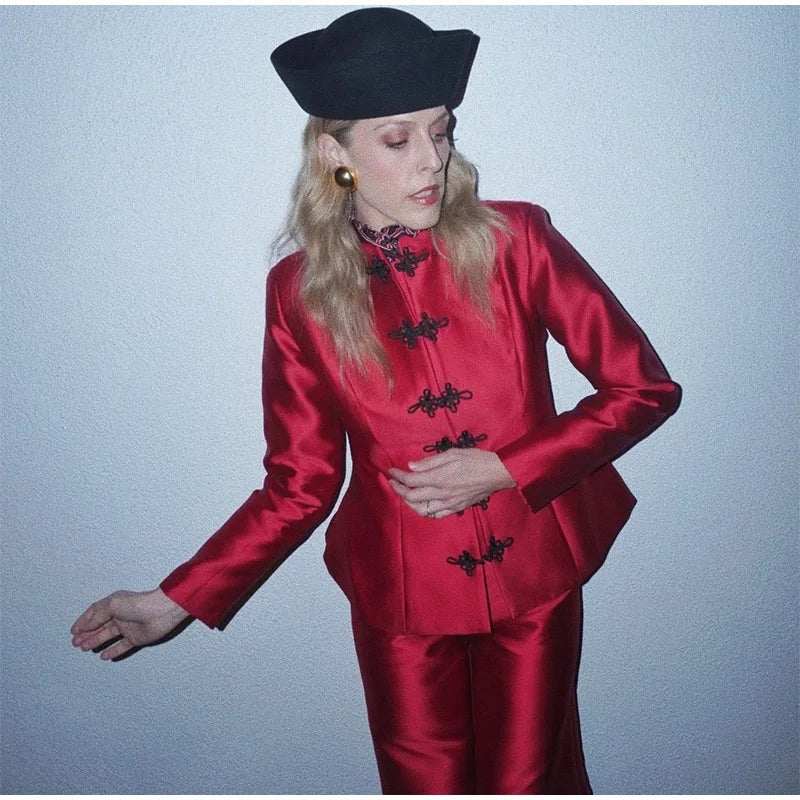 Chinese Knot Stand Collar Long Sleeve Jacket for Women