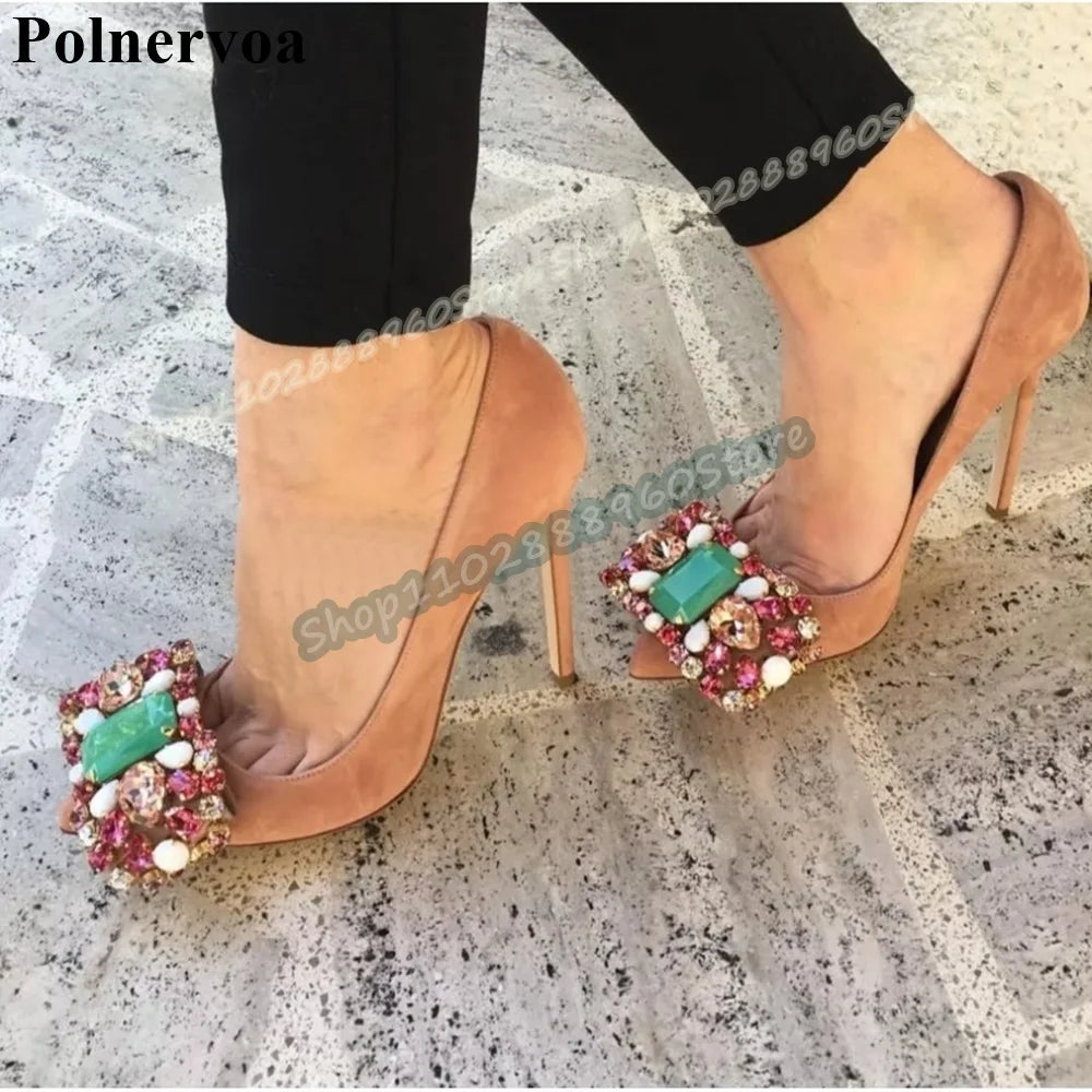 Pink Glossy Leather Crystal Bowknot Pumps Stilettos High Heel Women Shoes Slip On Pointed Toe Luxury Shallow Party Women Pumps