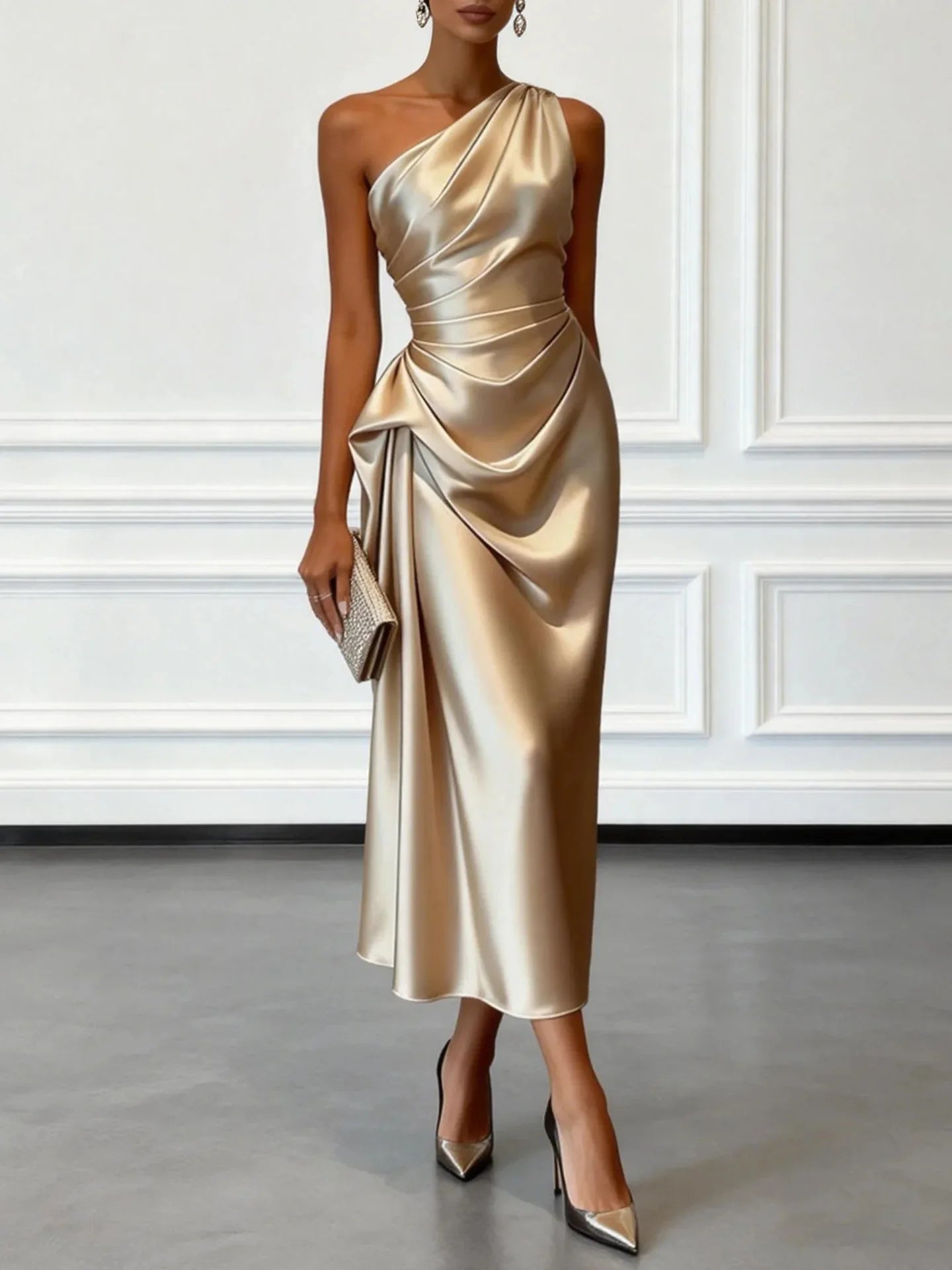 Elegant Satin Sleeveless Evening Party Midi Dress for Women