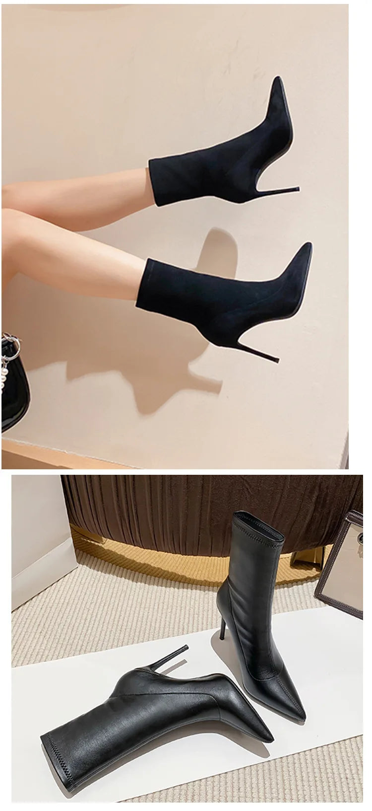 Elegant Pointed Stiletto Ankle Boots With Elastic Slip On Closure For Women