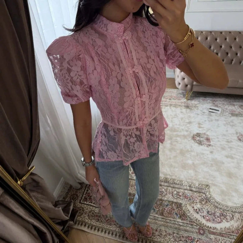 Short Sleeve Floral Lace Sheer Cheongsam Blouse for Women