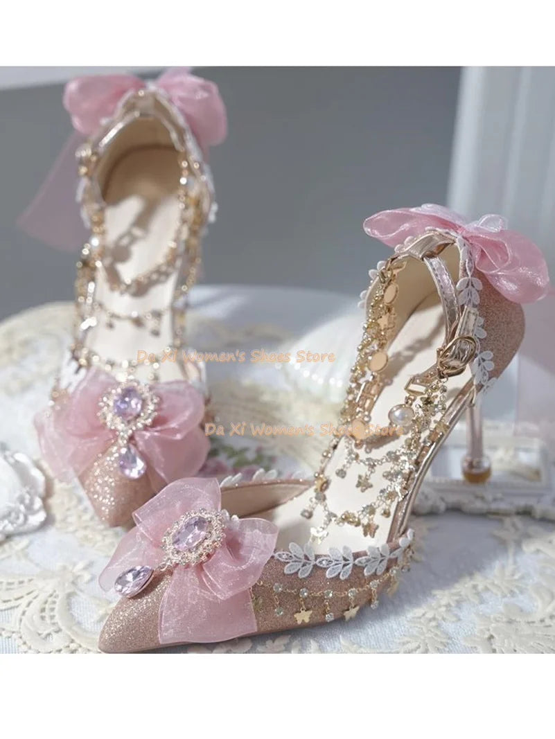 Elegant Pink Bow And Rhinestone Stiletto Wedding Pump For Women
