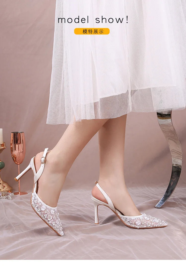 Elegant Floral Lace Back Strap High Heel Sandals for Women