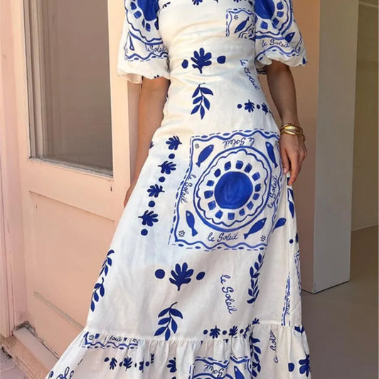 Summer Dress Elegant Women Flower Printed Maxi Dress High Waisted Short Sleeve Square Collar 2025 Summer Fashion Holiday Dresses