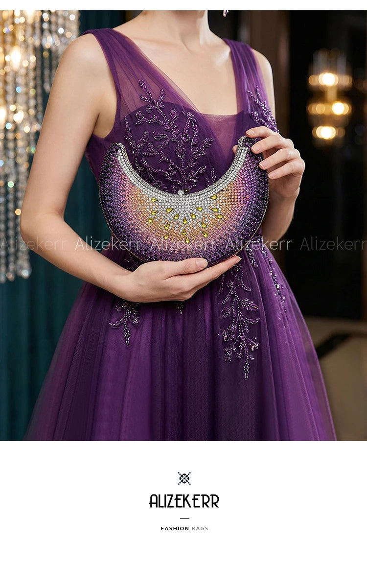 Moon Shaped Diamond Evening Bag with Watermelon Rhinestones for Women