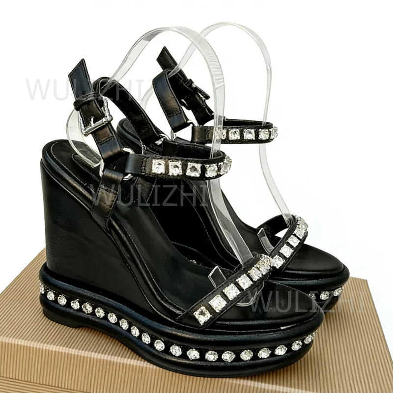 Crystal Border Purple Leather Wedge Platform Shoes for Women