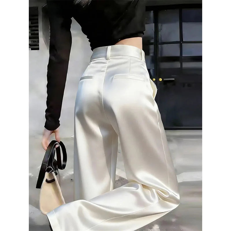 High Waist Solid Color Satin Wide Leg Trousers For Women