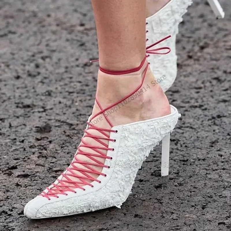 Black Hollow Cross Tie Pointed Toe Heeled Sandals For Women