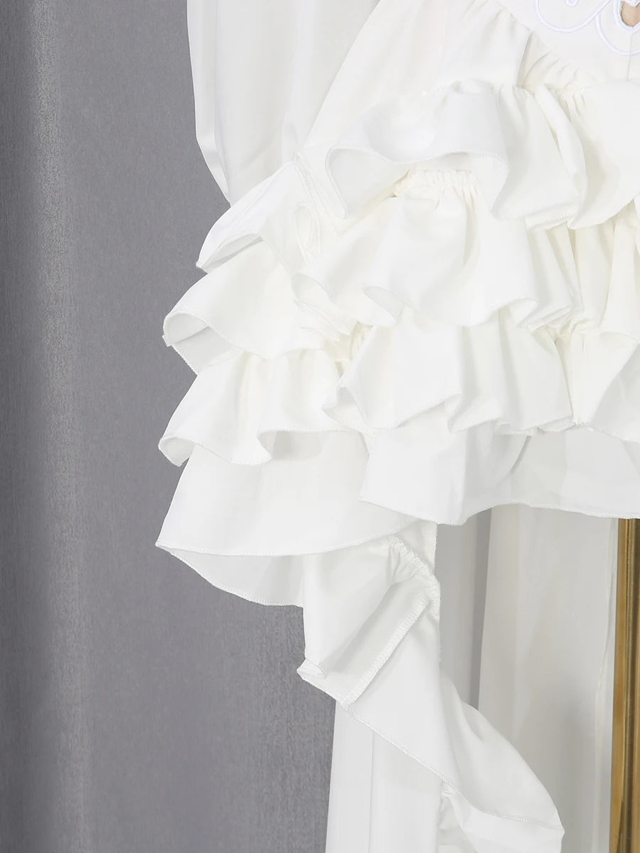 White Floral Cutout Puff Sleeve Gown With Asymmetric Train for Women