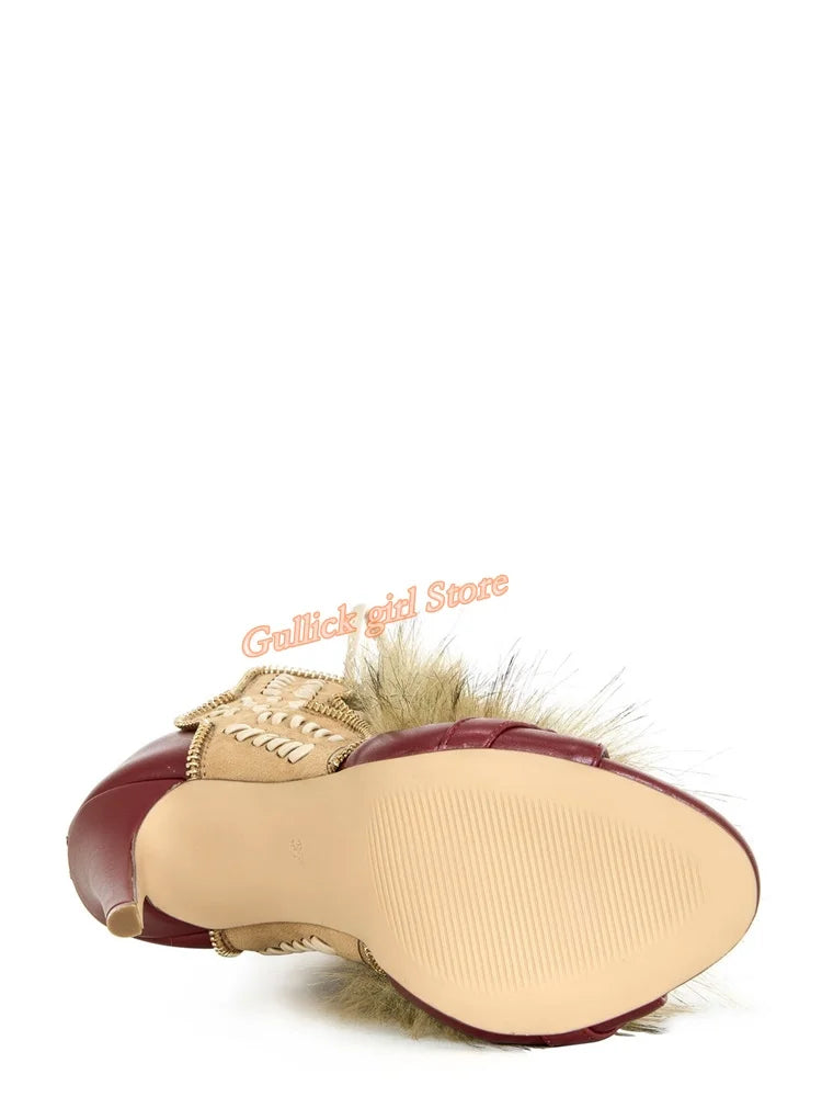 Faux Fur Open Toe Knee High Sandal Boots for Women