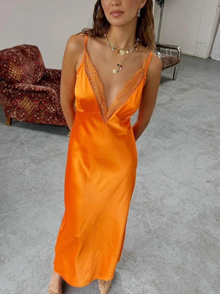 Lace Trim V-Neck Sleeveless Ankle Length Maxi Dress for Women