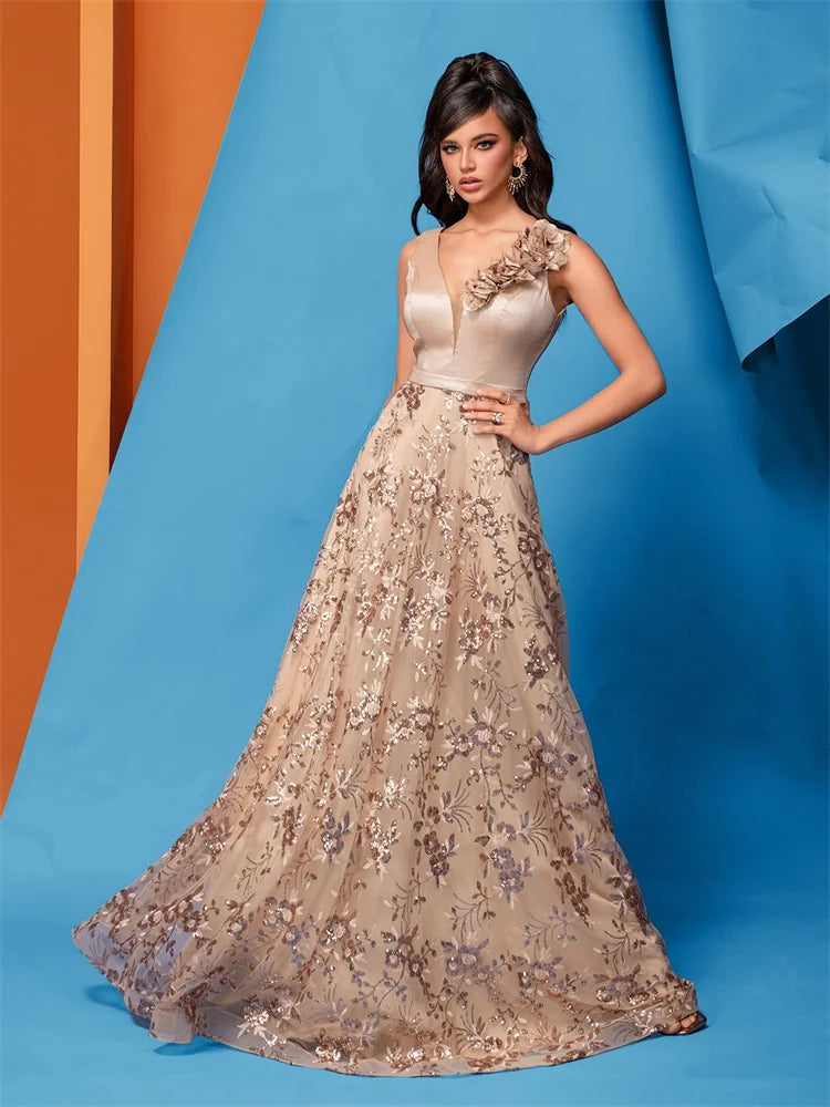 Elegant V-Neck Gold Floral Evening Dress Long 2024 Luxury Women Chiffon Sleevesless Party Dress Prom Cocktail Dress