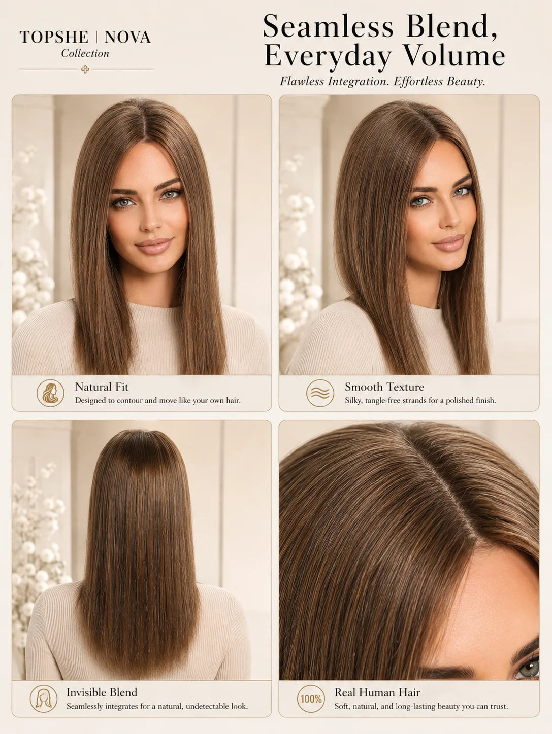 Natural Brown Straight V Part Human Hair Blend Topper for Women