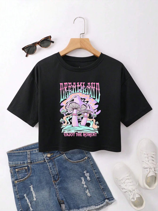 Cotton Women Crop T-shirts Dreamland Mushrooms Prints Tee Shirts O-Neck Short Sleeves Loose Clothes Summer Fashion Female Tops