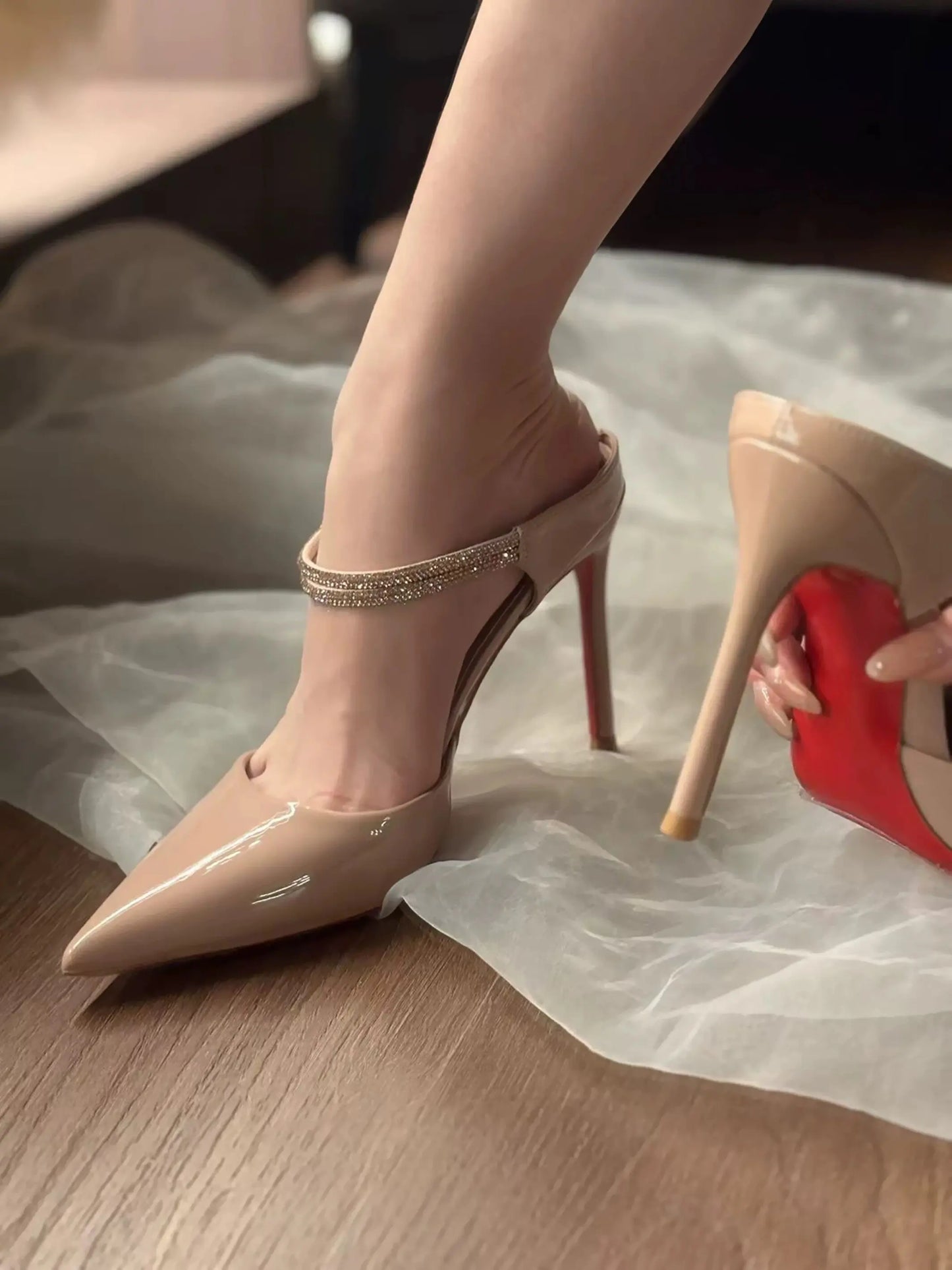 Patent Leather Pointed Toe Rhinestone Stiletto Ankle Strap Sandal For Women