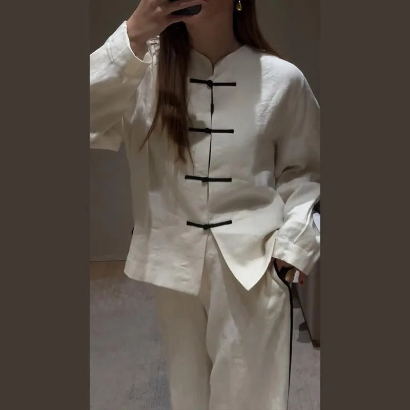 Casual Cotton Coat And Wide Leg Trouser Set for Women