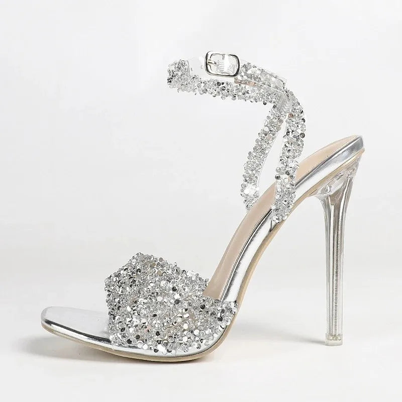 Glitter Rhinestone Ankle Strap High Heel Sandals for Women