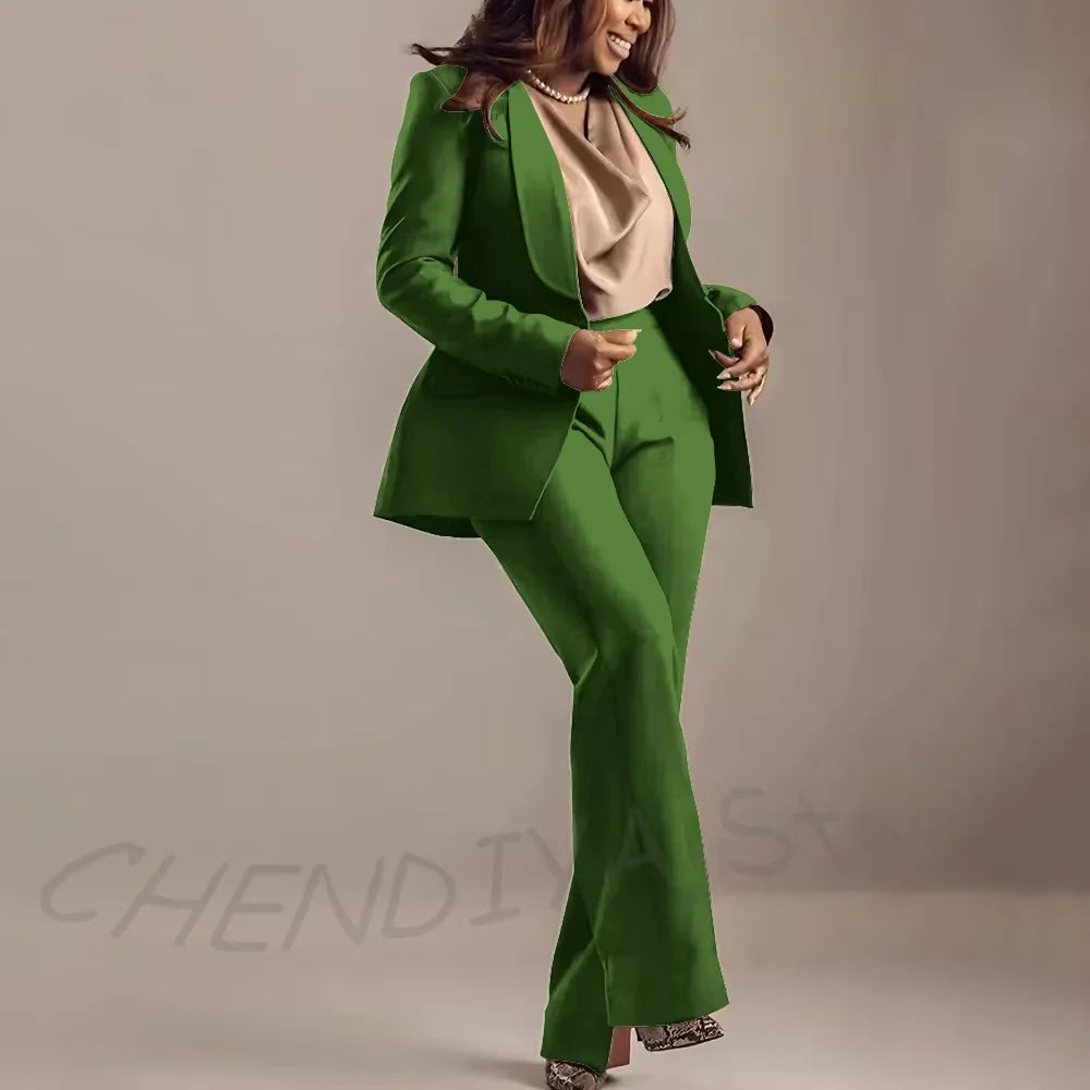 Classic Brown Women Suits Shawl Lapel Slim Fit Solid Color Formal Sets 2 Piece High Quality Office Lady Outfits Jacket Pants