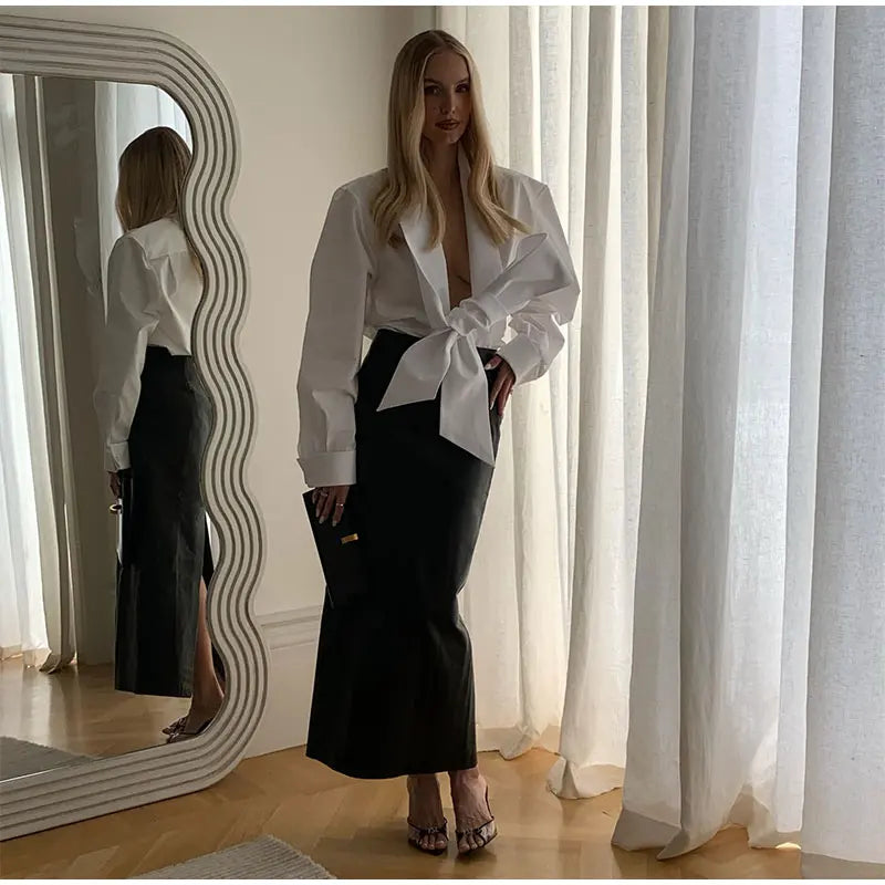 Elegant Bow Detail Pleated Long Sleeve V Neck Blouse for Women