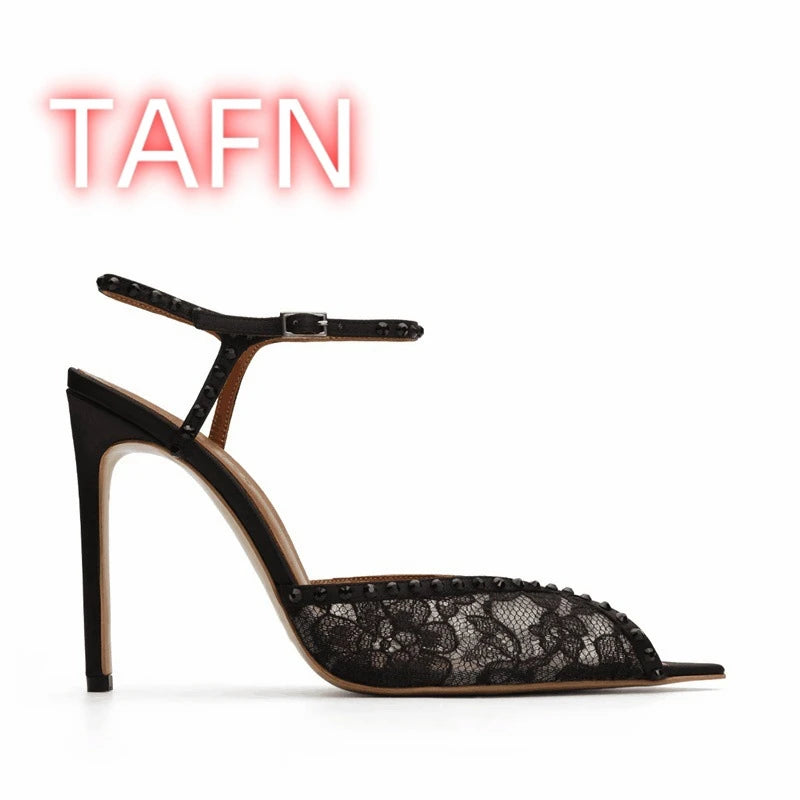 White Rhinestone Lace Sandals With Ankle Buckle for Women