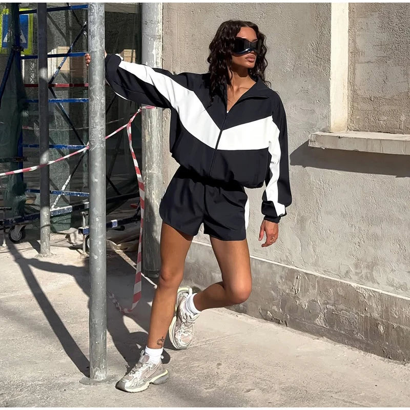 Color Block Zip Jacket and Shorts Tracksuit for Women