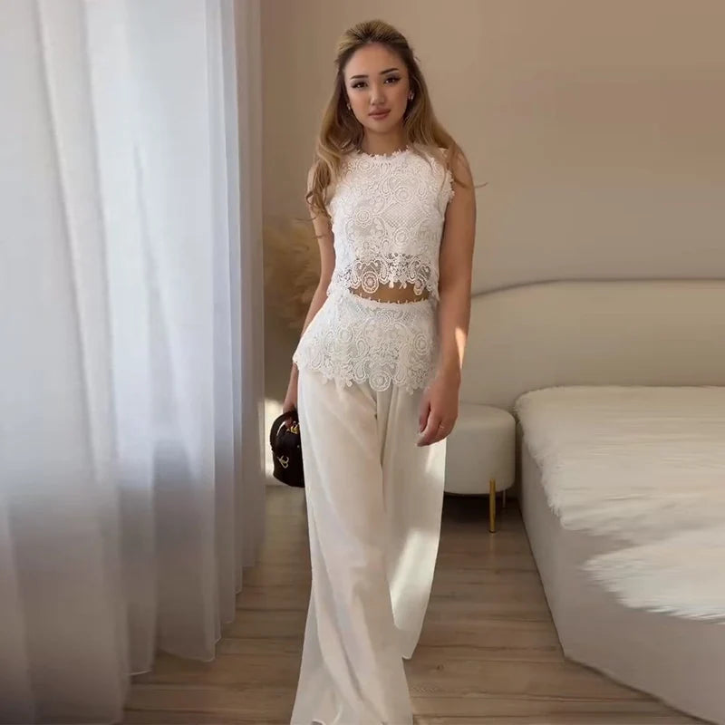 Elegant Crochet Vest And Wide Leg Pants Set for Women