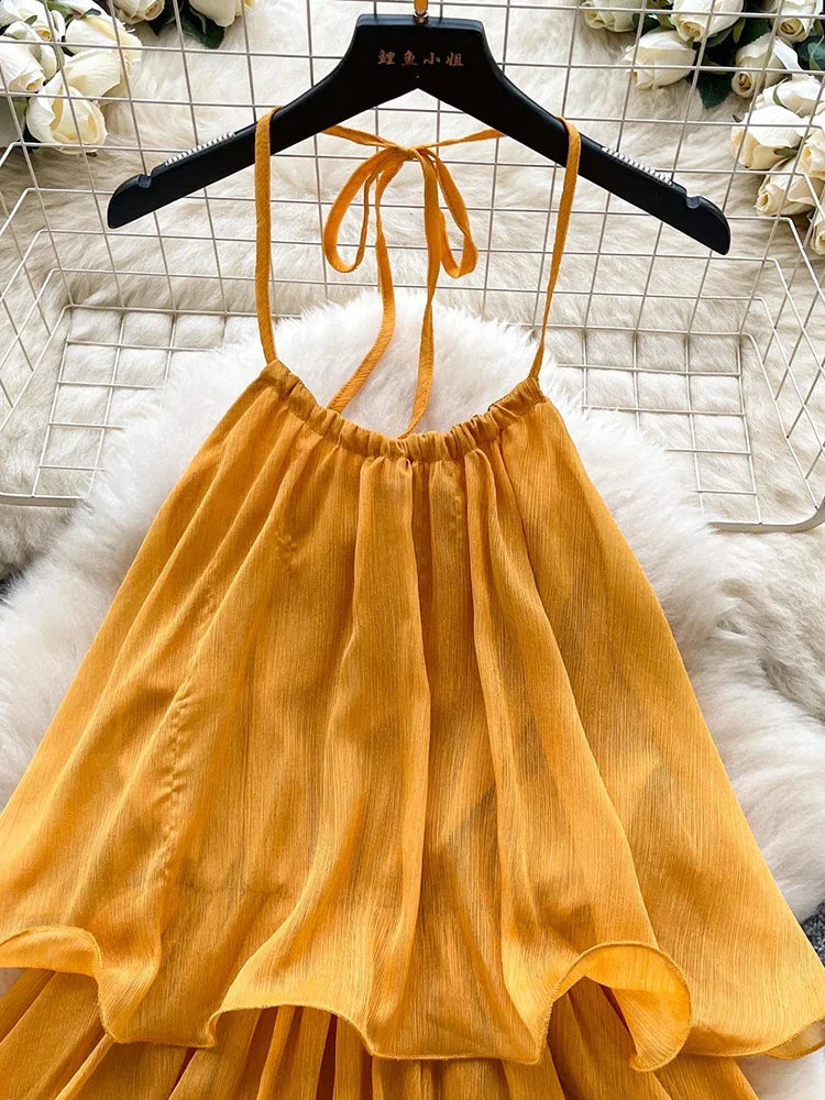 Yellow Halter Neck Lace-Up Ruffle Mini Dress for Women