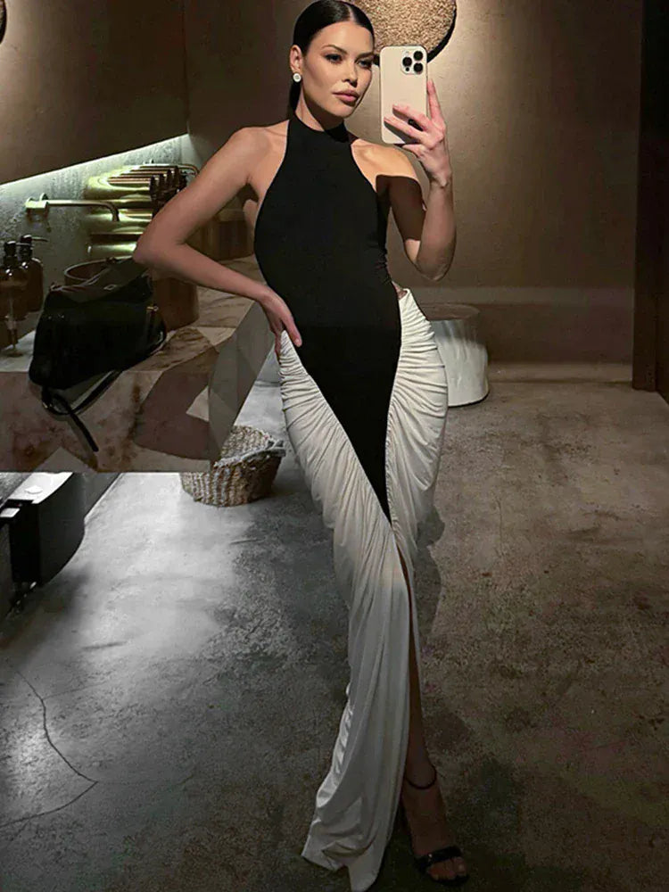 Weird Puss Ruched Maxi Dress Women Sexy Color Blocking Halter Backless Thin Slit Summer Trend Birthday Party Clubwear Vestidos