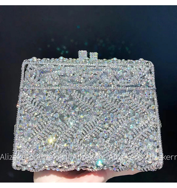 Metallic Leaf Diamond Evening Bag With Rhinestone Accents for Women