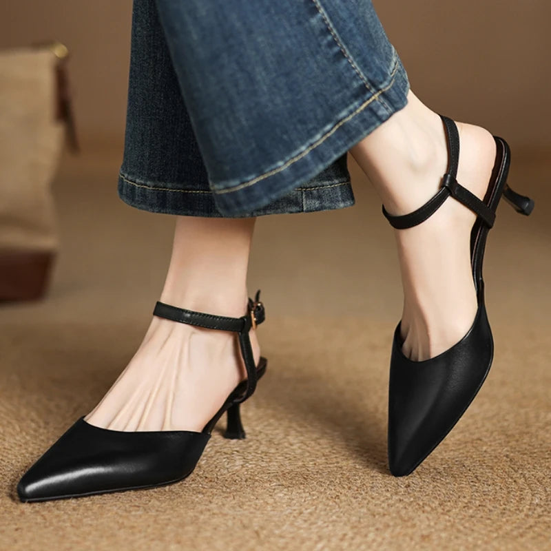 Leather Pointed Toe Mid Heel Sandals
