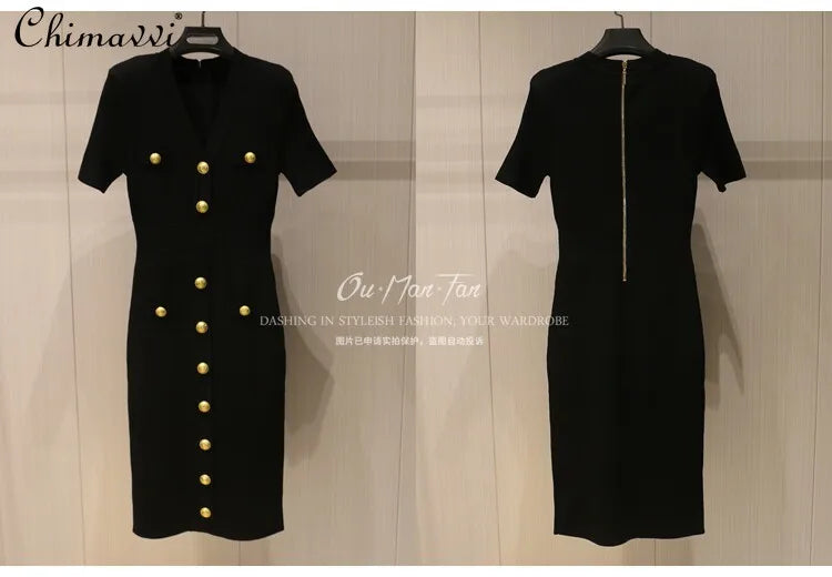 2026 Summer Fashion V-neck Metallic Buckle Knit Bodycon Midi Dress Women's Commute Slim Fit Elegant Short Sleeve Dresses