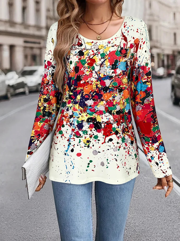 Women's Splatter Print Long - Sleeve T - Shirt, Round Neck, Multicolor Design, Great for Everyday & Fashion - forward Looks