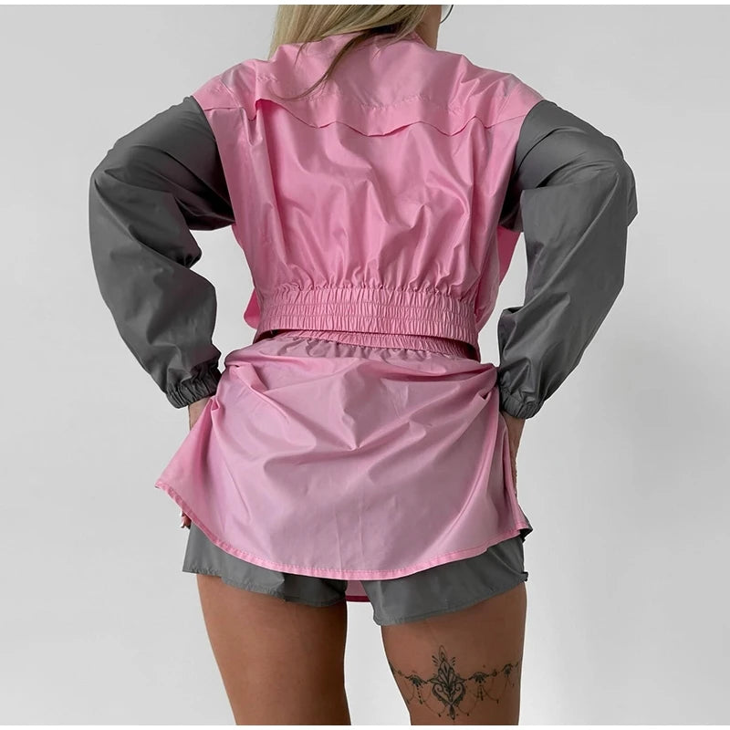 Casual Color Block Long Sleeve Jacket And Mini Skirt Set For Women