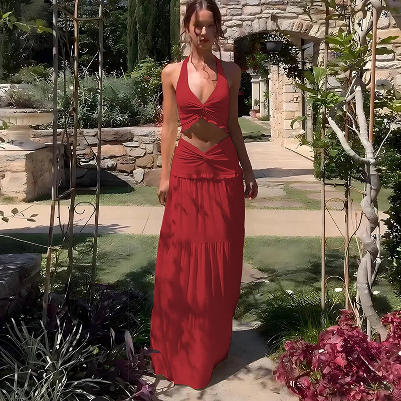 Cryptographic Elegant Two Piece Sets Sleeveless Frill Halter Twist Top Dress Sets Outfits Fashion Co-ord Sets Coquette Clothes