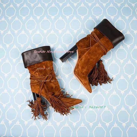 Suede Mid Calf Boots With Fringe Tassel And Pointed Toe For Women