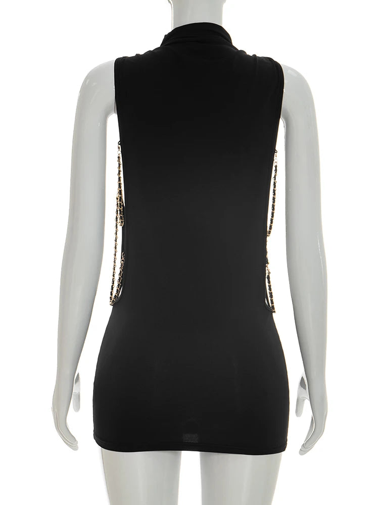 Metal Chain Detail O Neck Side Hollow Mini Dress for Women