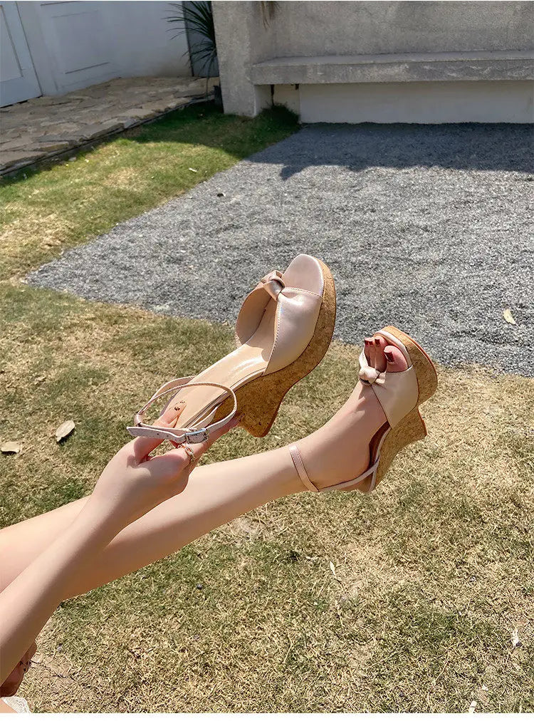 Summer Satin Peep Toe Slingback Wedge Platform Bow Sandals for Women