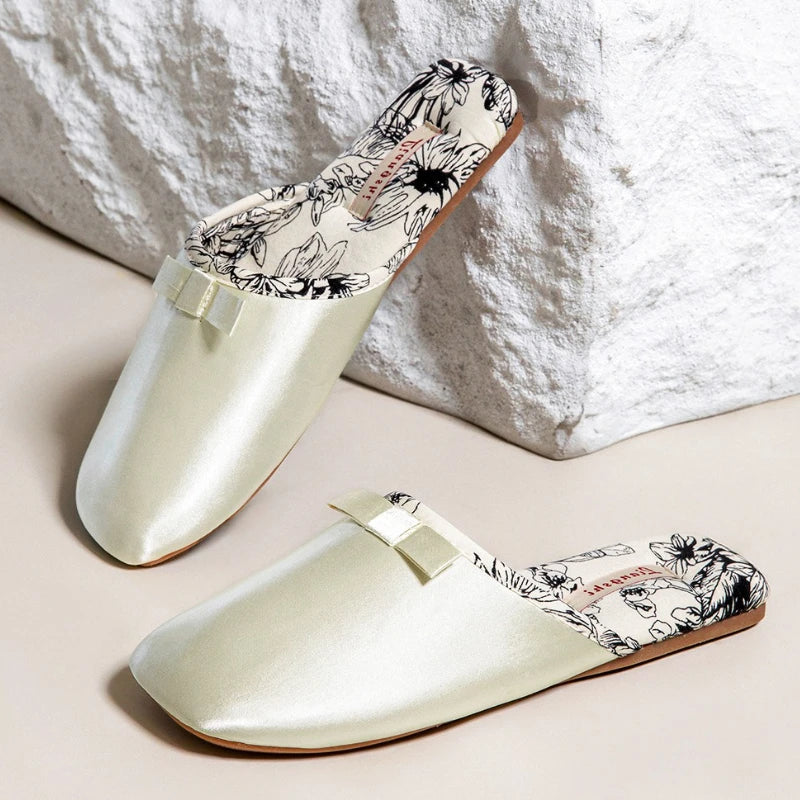 Elegant Silk Print Butterfly Knot Flat Slippers for Women