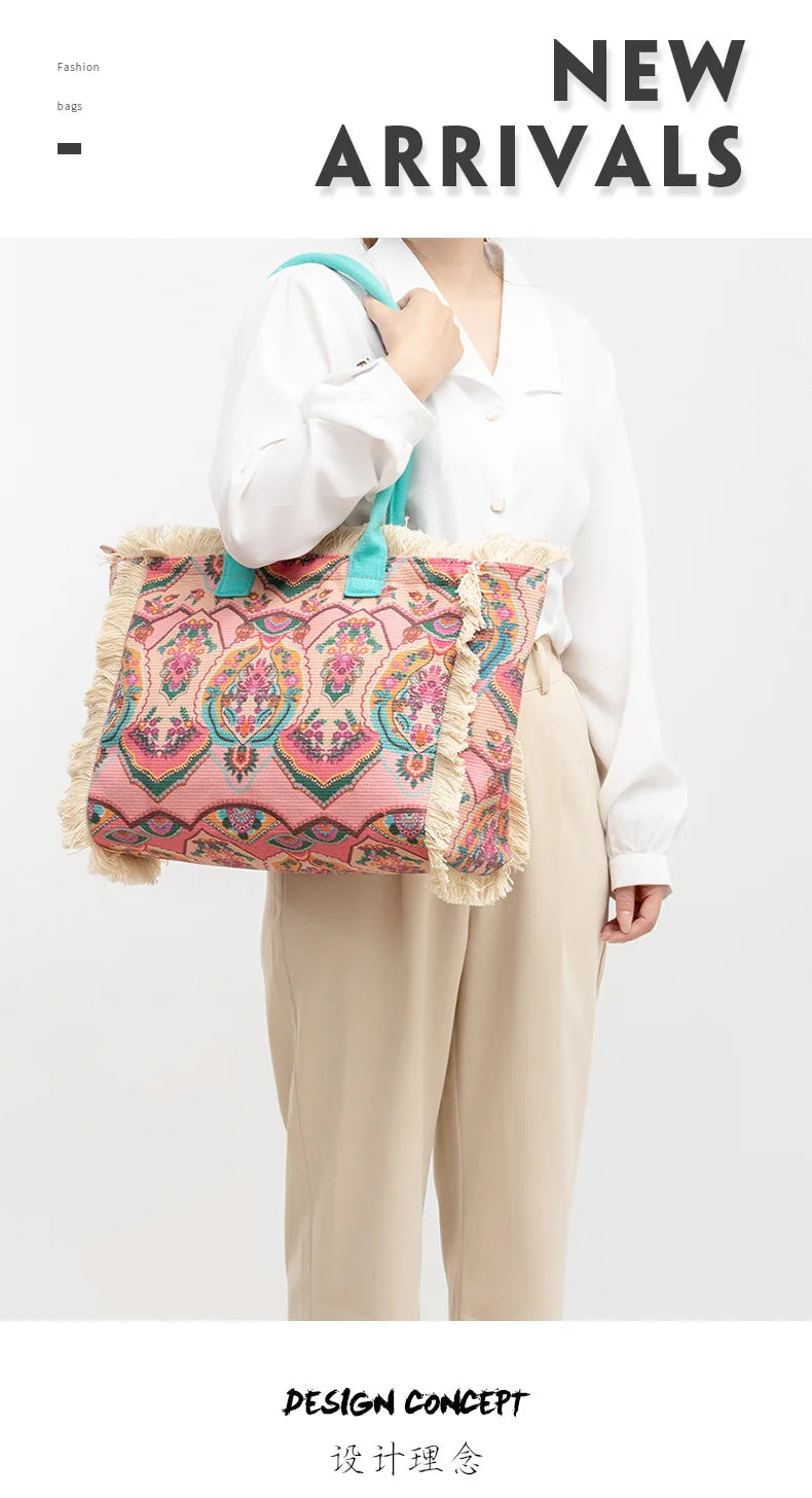 Tote bag Bohemian retro shoulder bag Zipper handbag Large capacity canvas bag Women's summer