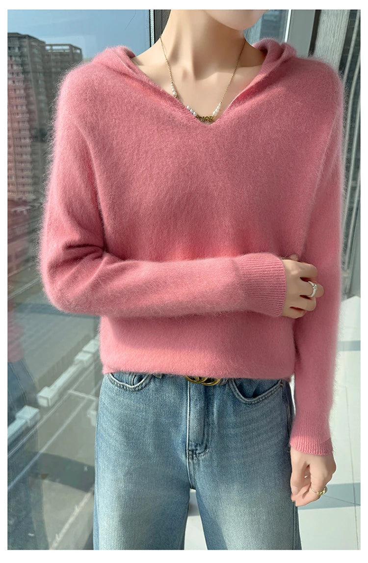 Loose Fit Thick Knit Hooded V-Neck Sweater for Women