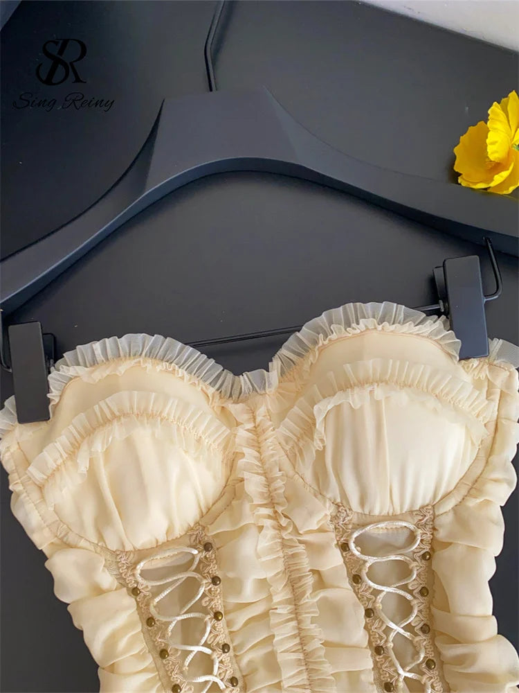 Ruched Lace Strapless Chiffon Corset Top for Women