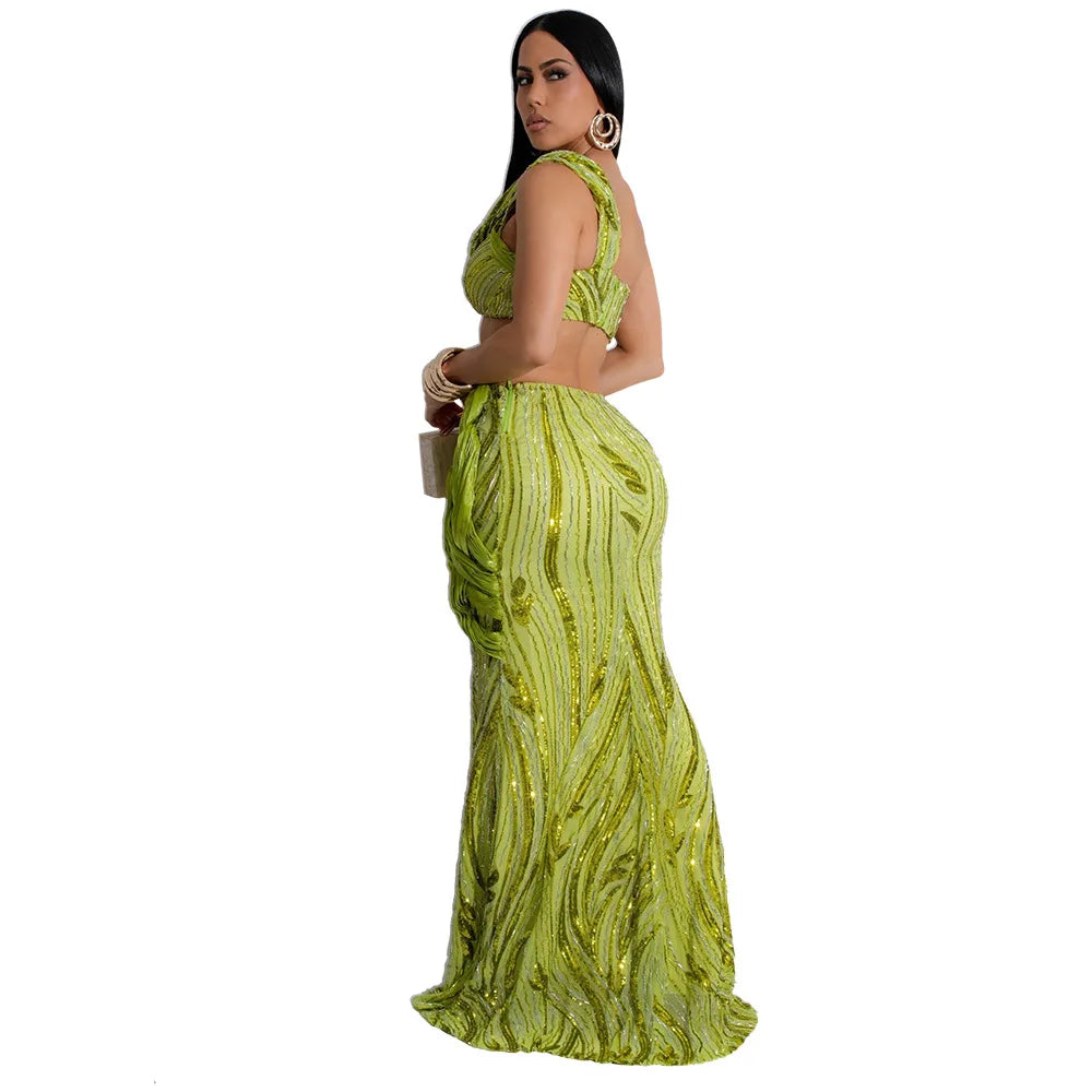 CM.YAYA Women’s Dress Set Mesh Sequined Ribbon Sleeveless Strap Top + Long Skirts Sets 2 Two Pcs Sets Sexy Party Evening Oufits