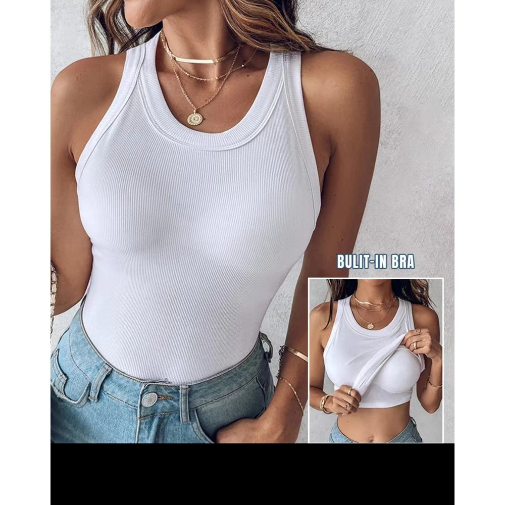 New Style Summer Round Neck Ribbed Tank Top With Bra Pads Fashion Sexy Femme Casual Sleeveless Top Solid T Shirt Streetwear